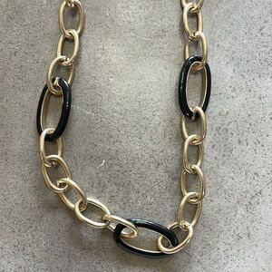 Carol Dauplaise Long Necklace gold links with black rings, approx 20 inches long